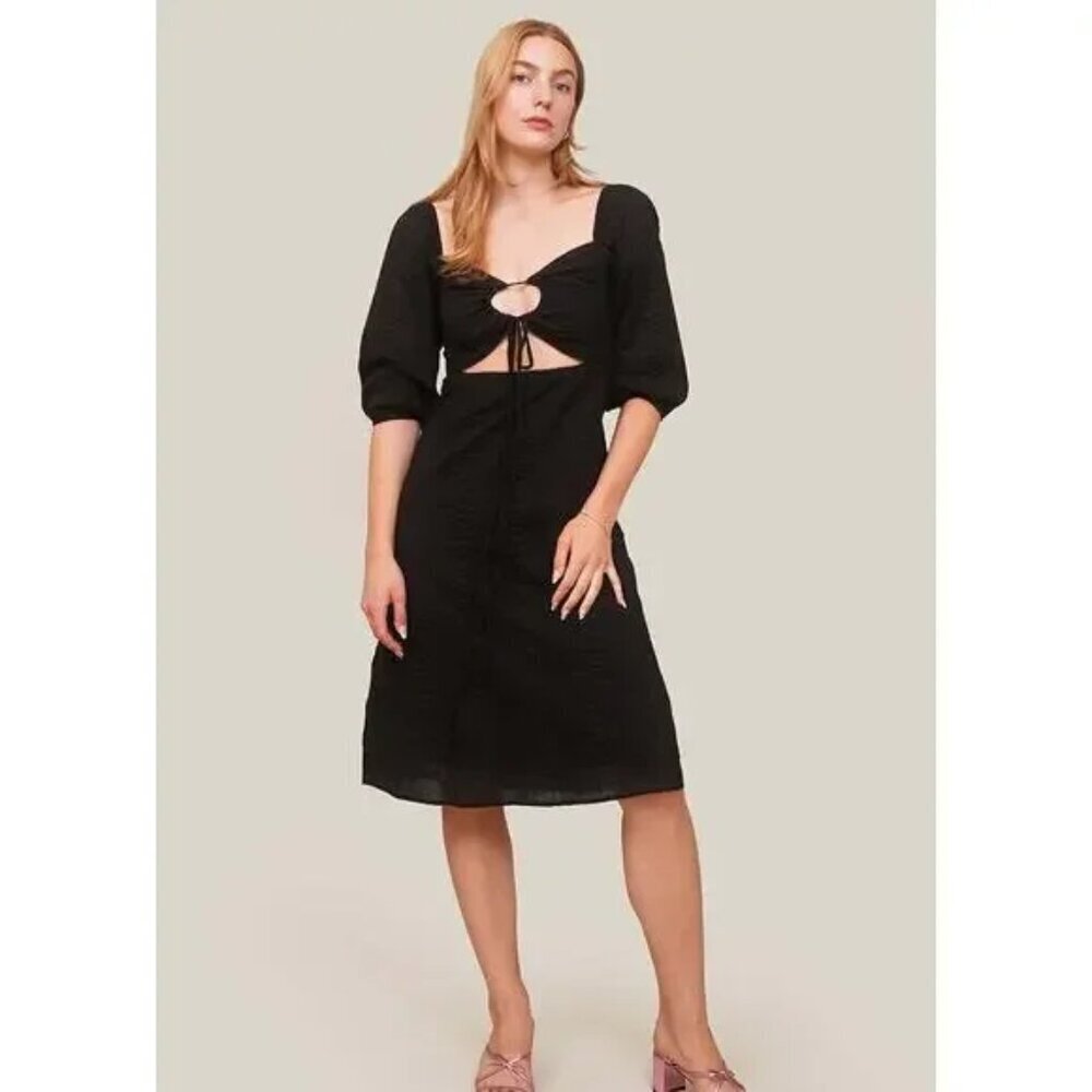 Wray Jules Dress Size Large Black Cutout Cinch Tie Textured Cotton Puff Sleeve